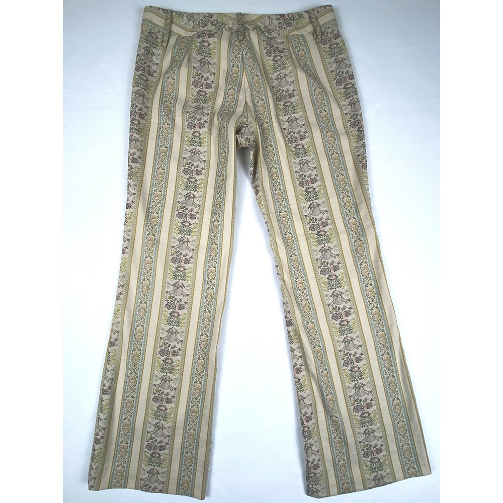 Liquid Floral Stripe Tapestry Straight Leg Pants Cream Tan Blue Size 14 USA
